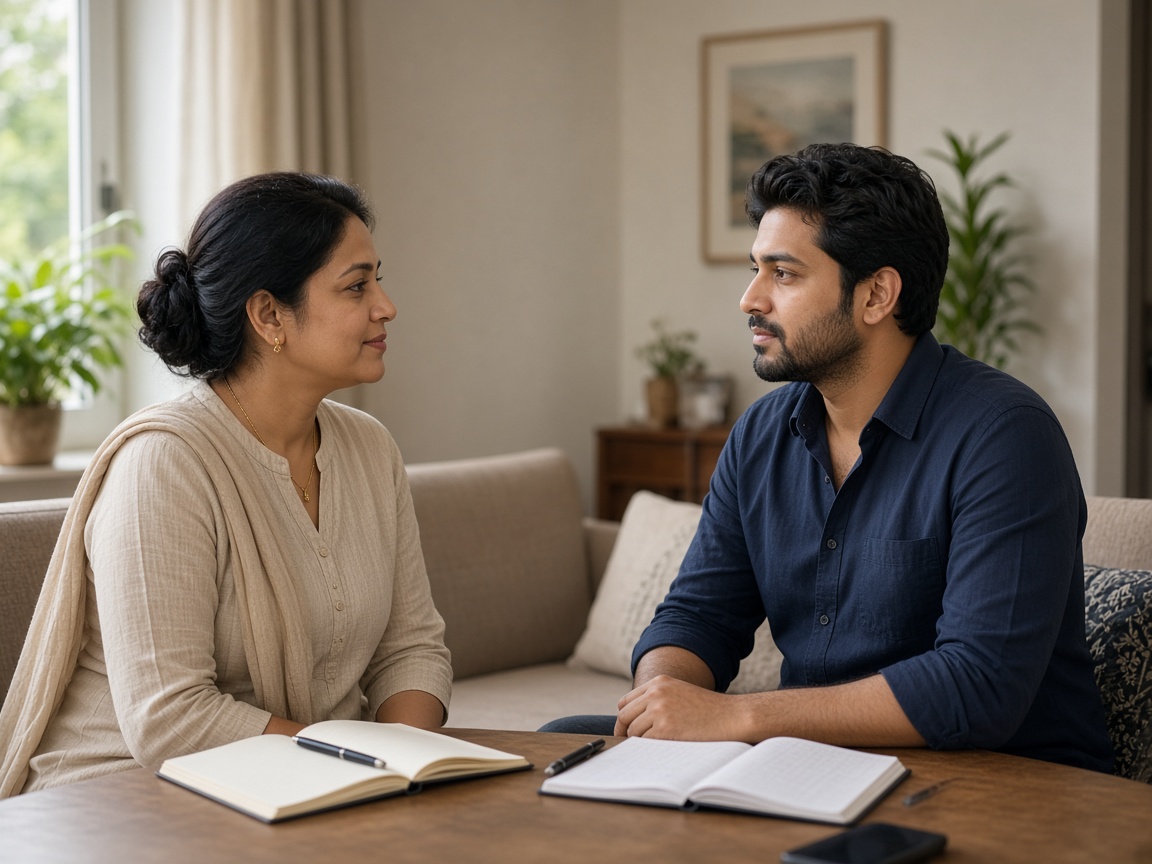 Indian therapist counselling an Indian client in a calm one-to-one session