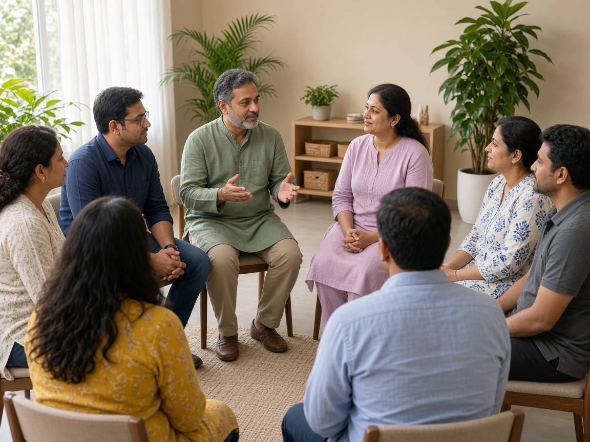 Indian adults sharing in a supportive group circle