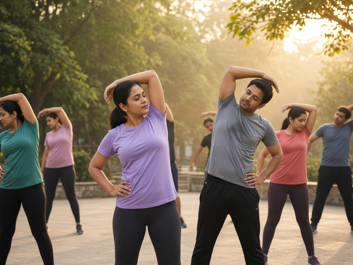 Indian adults doing healthy outdoor exercise during rehabilitation routine